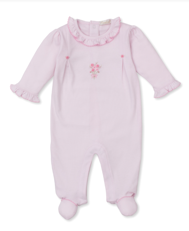 Pink Premier Old English Roses Footie w/Hand Embroidery