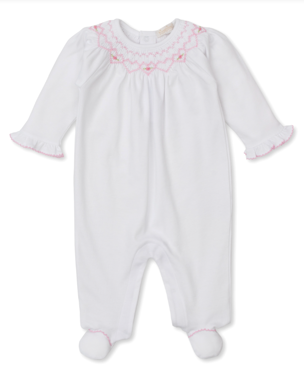White w/Pink Fall Bishop Footie w/ Hand Smocking