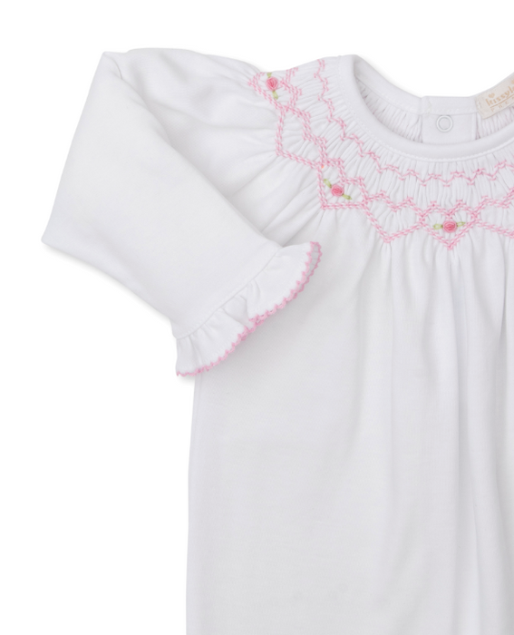 White w/Pink Fall Bishop Footie w/ Hand Smocking