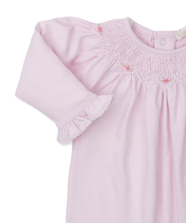 Pink Fall Bishop Footie w/ Hand Smocking