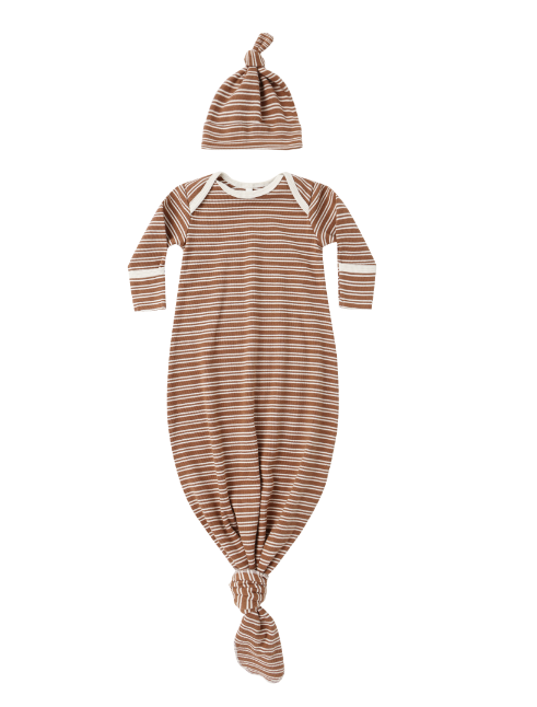 Knotted Baby Gown & Hat Set | Cedar Micro Stripe