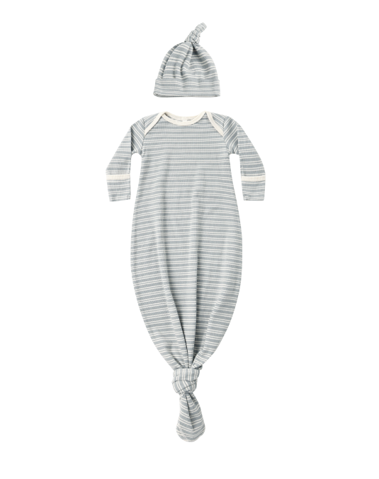 Knotted Baby Gown & Hat Set | Steel Blue Micro Stripe