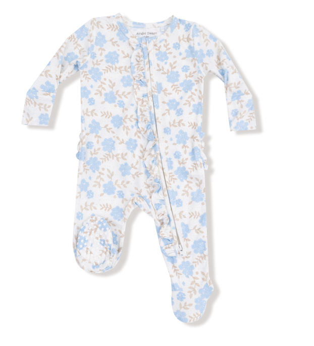 Two Way Zipper Ruffle Footie | Baby Blue Floral