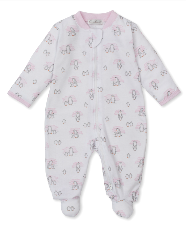 Pink Snow Happy Penguins Footie w/Zipper
