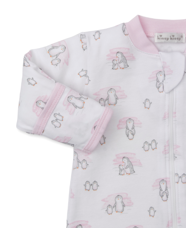 Pink Snow Happy Penguins Footie w/Zipper