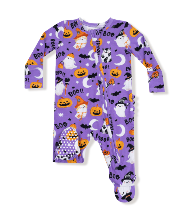 Two Way Zipper Ruffle Footie | Purple Glow Costumed Ghosts