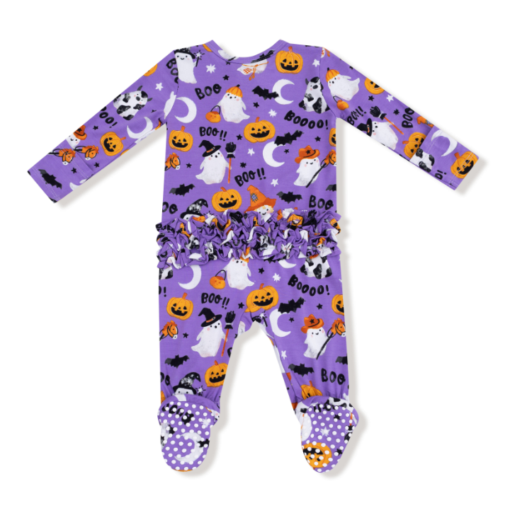 Two Way Zipper Ruffle Footie | Purple Glow Costumed Ghosts