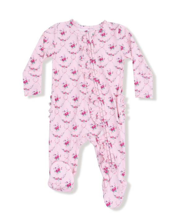 Two Way Zipper Ruffle Footie | Rose Garden Trellis