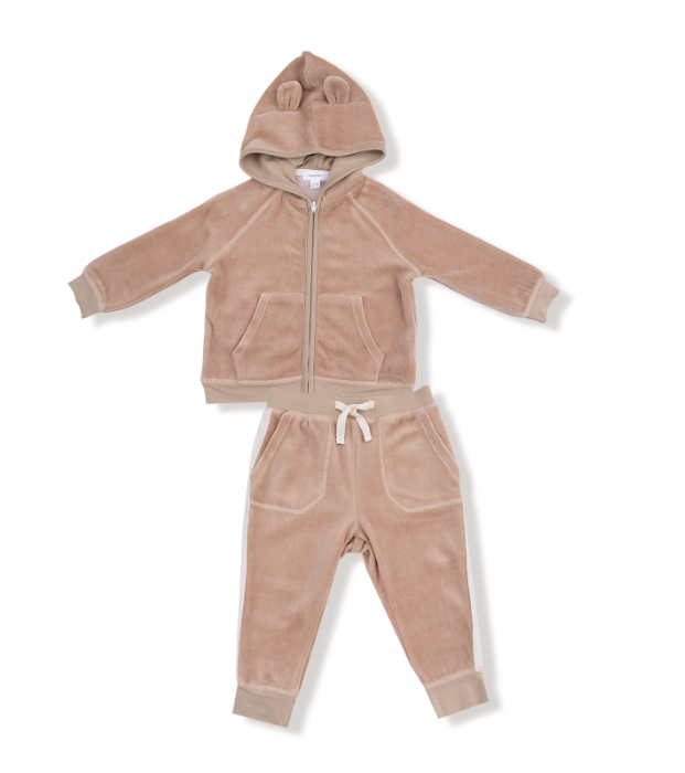 Velour Teddy Bear Zip Hoodie & Jogger Set | Varsity Stripe