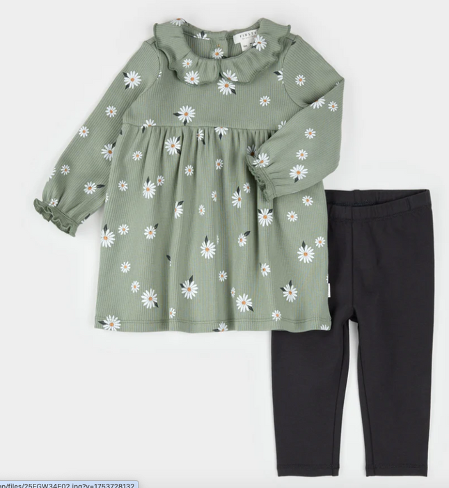 Daisy Print Sage Ribbed Dress Set