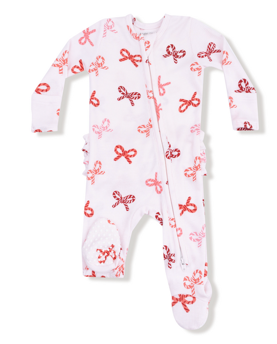 Two Way Zipper Ruffle Footie | Candy Cane Bows