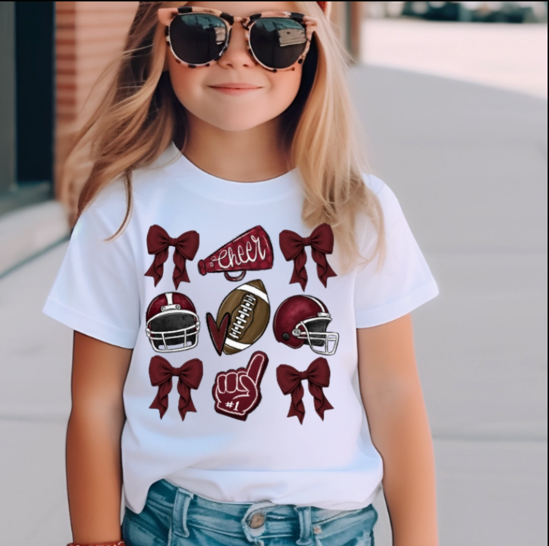 Maroon Football & Bows Game Day T Shirt