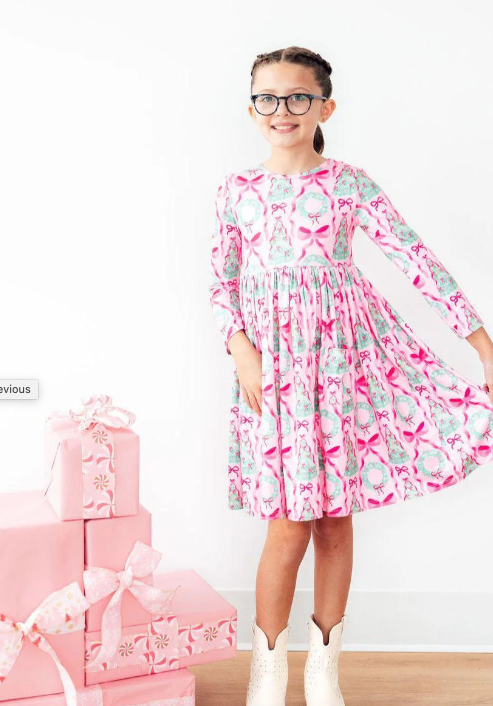 Pink Christmas 3/4 Sleeve Ruffle Twirl Dress