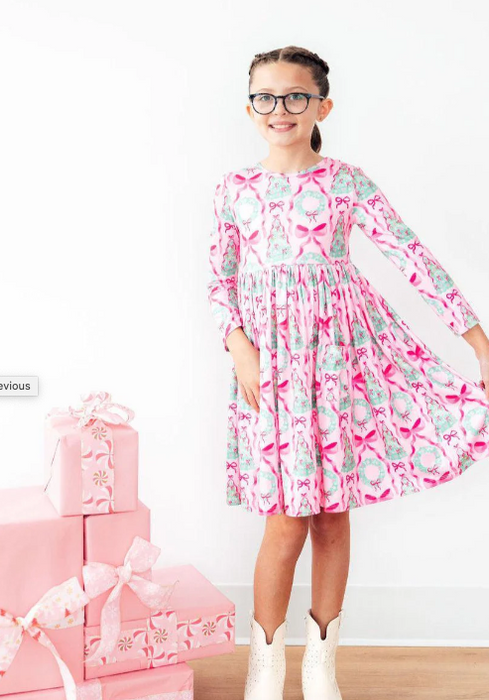 Pink Christmas 3/4 Sleeve Ruffle Twirl Dress