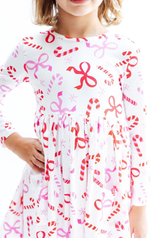 Pink Christmas 3/4 Sleeve Ruffle Twirl Dress