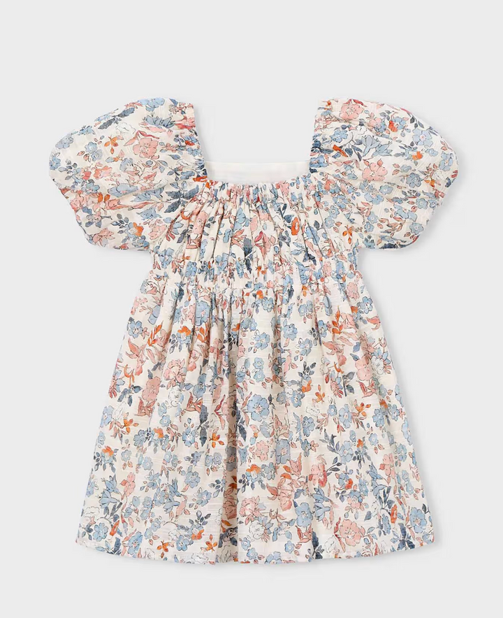 Salmon Floral Puff Sleeve Dress | 3928