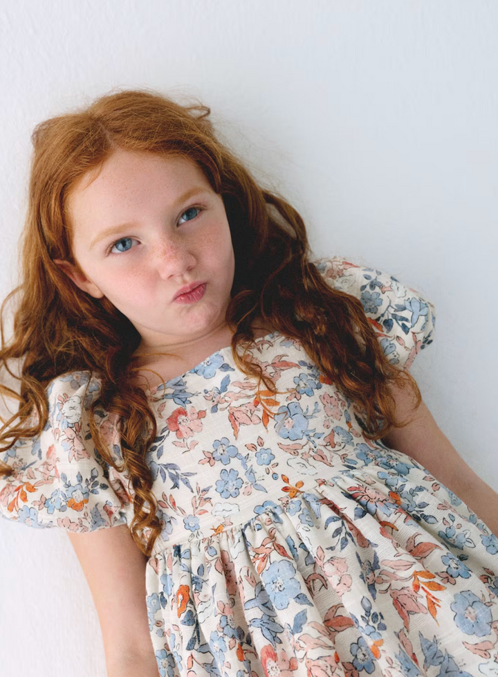 Salmon Floral Puff Sleeve Dress | 3928