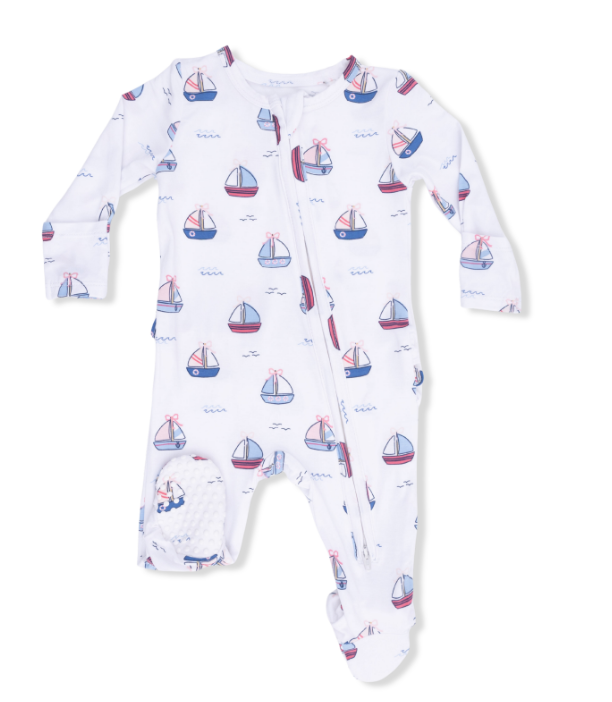 Two Way Zipper Ruffle Footie | Pink Bubbly Sailboats