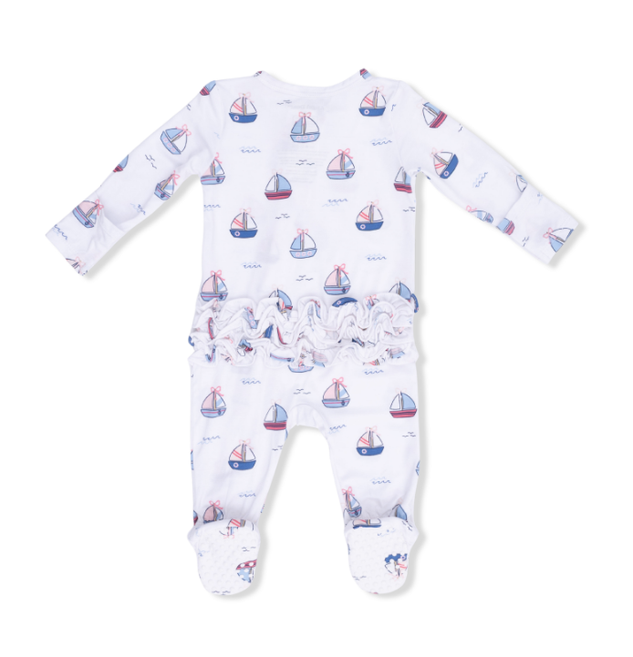 Two Way Zipper Ruffle Footie | Pink Bubbly Sailboats