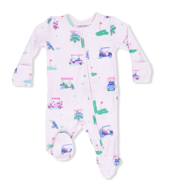 Two Way Zipper Ruffle Footie | Vintage Pink Golf Carts