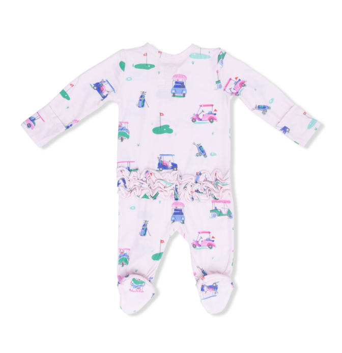 Two Way Zipper Ruffle Footie | Vintage Pink Golf Carts