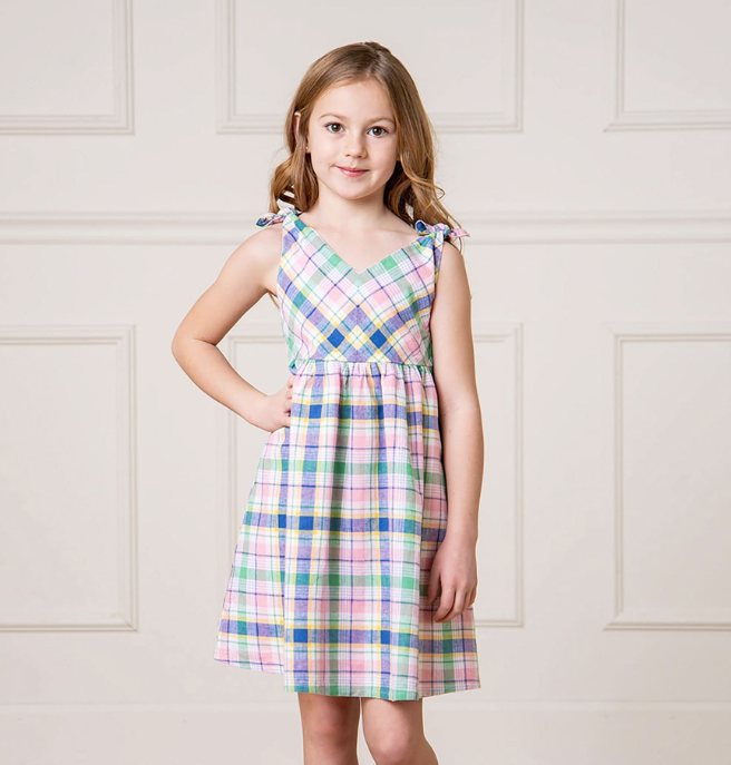Bow Shoulder Swing Dress | Flower Show Plaid