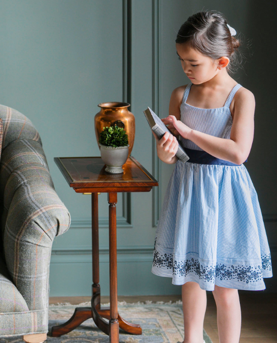 Organic Embroidered Special Sundress | Blue Seersucker