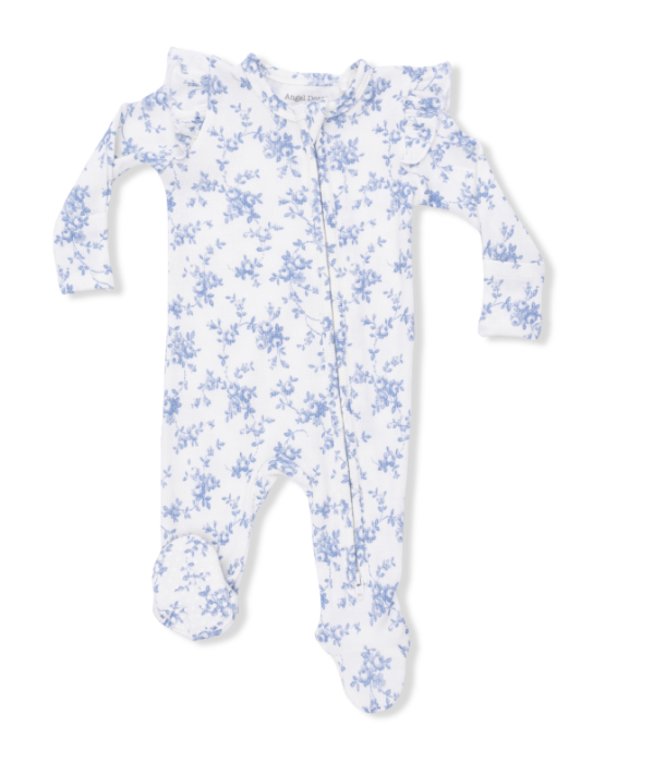Two Way Zipper Ruffle Sleeve Footie | Baby Blue Vines Floral