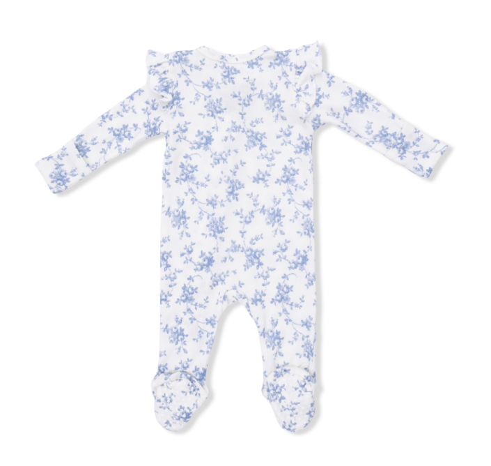 Two Way Zipper Ruffle Sleeve Footie | Baby Blue Vines Floral