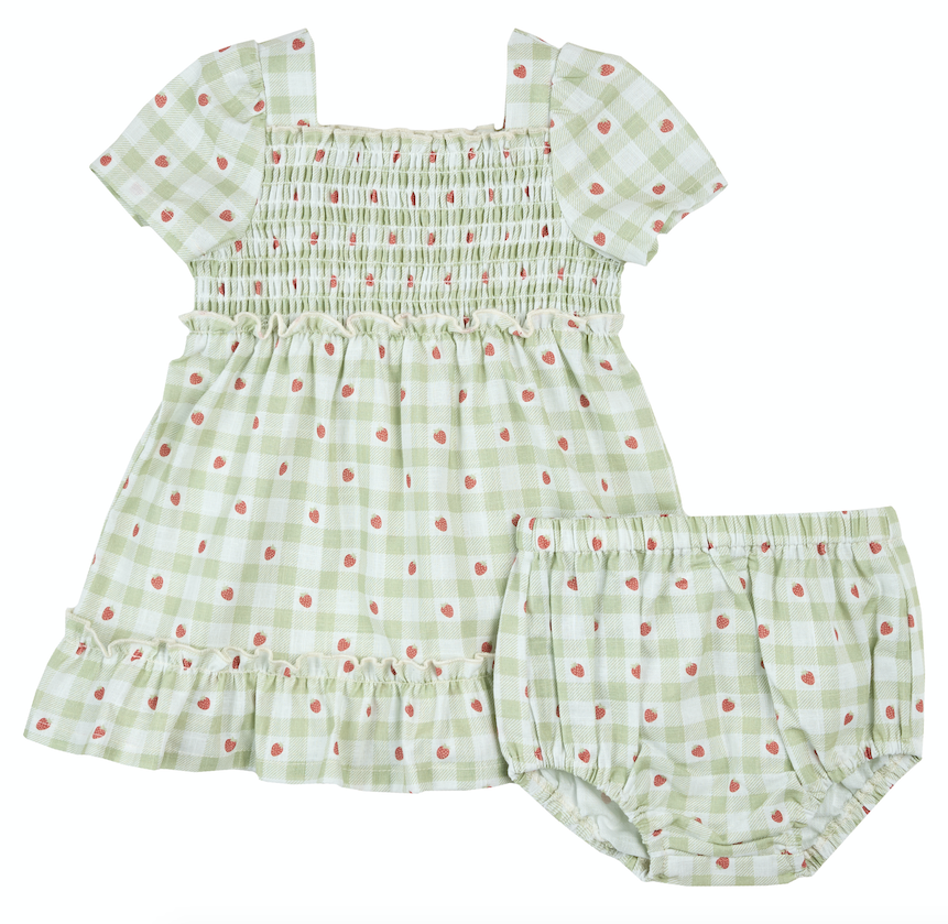 Lt Green Check Strawberry Dress w/Bloomer Set