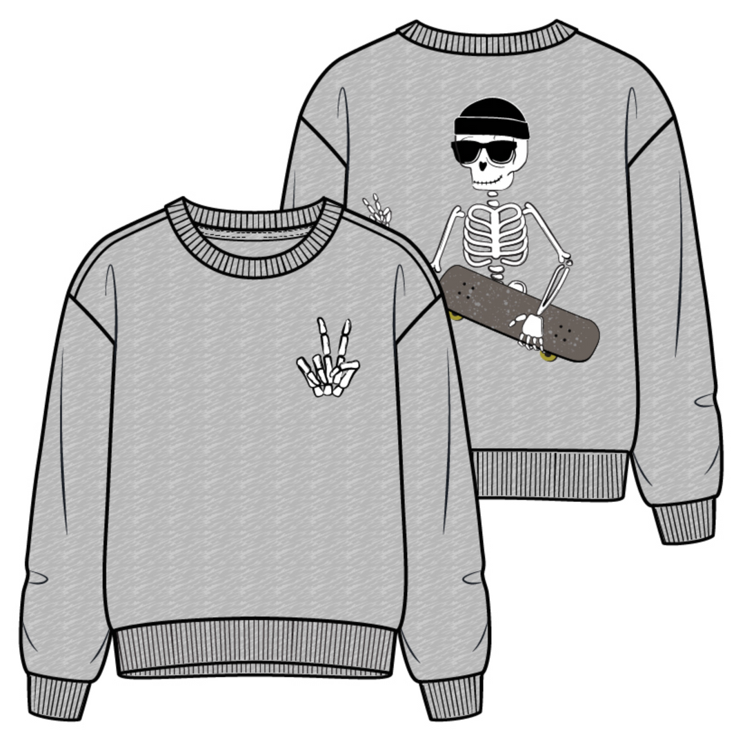 Lt Grey Skeleton Skateboard Crewneck