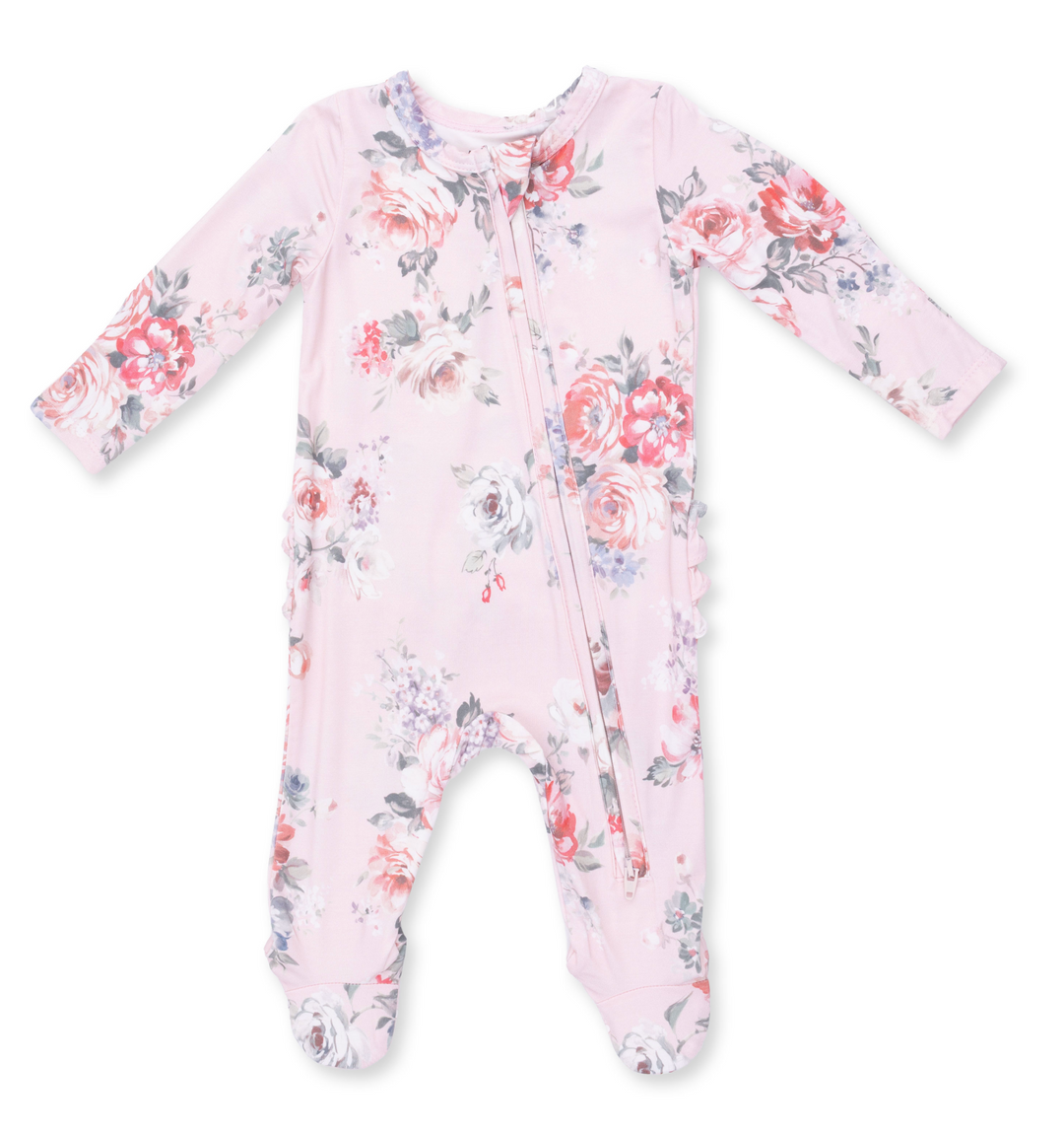 Two Way Zipper Ruffle Footie | Painterly Rose Bouquets