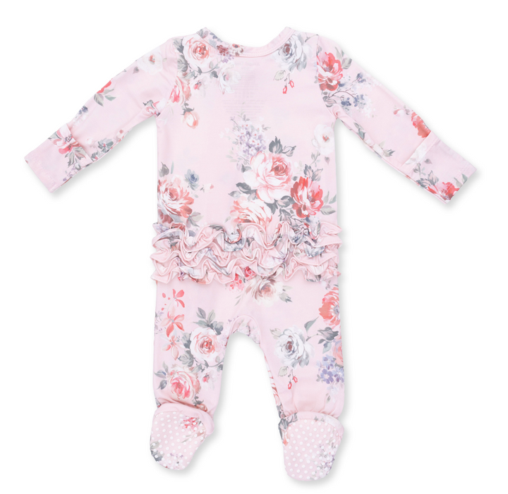 Two Way Zipper Ruffle Footie | Painterly Rose Bouquets