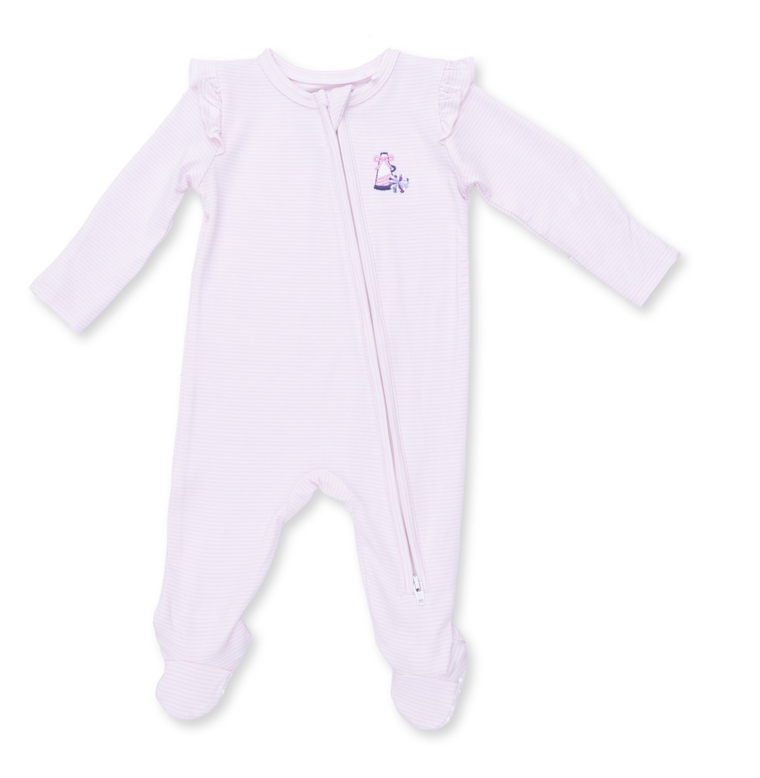 Two Way Zipper Ruffle Sleeve Footie | Cheer Pink Micro Stripe