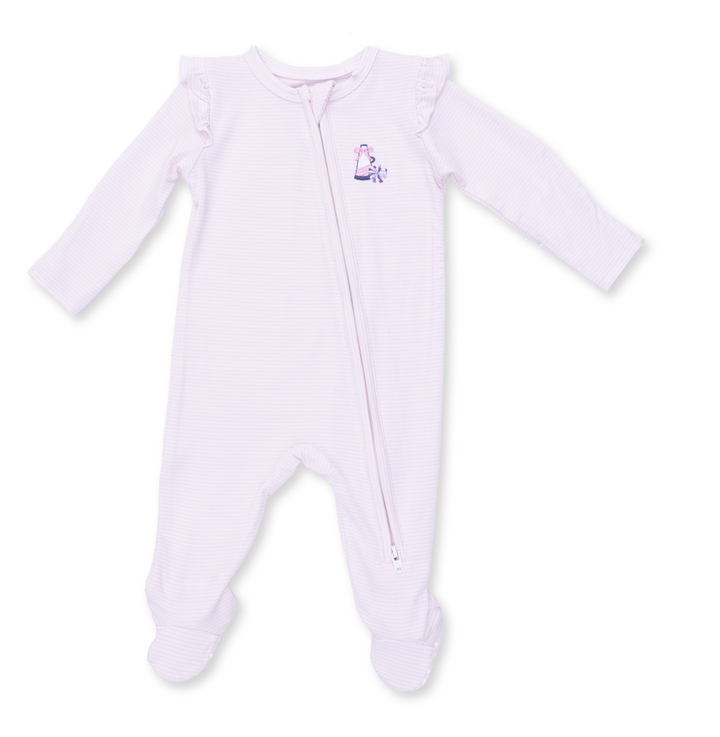 Two Way Zipper Ruffle Sleeve Footie | Cheer Pink Micro Stripe