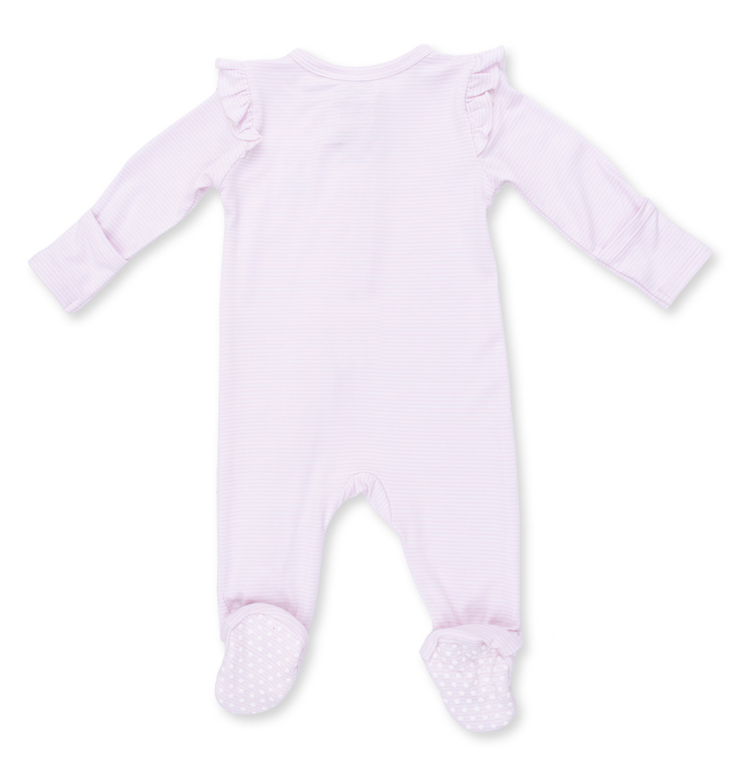 Two Way Zipper Ruffle Sleeve Footie | Cheer Pink Micro Stripe