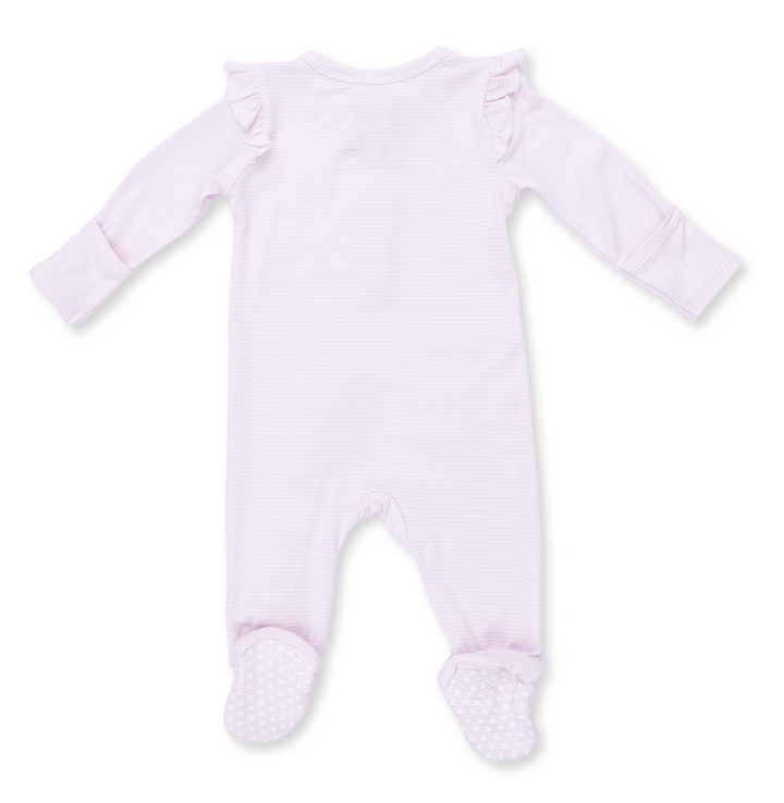 Two Way Zipper Ruffle Sleeve Footie | Cheer Pink Micro Stripe