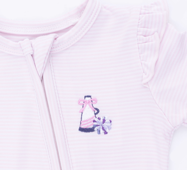 Two Way Zipper Ruffle Sleeve Footie | Cheer Pink Micro Stripe