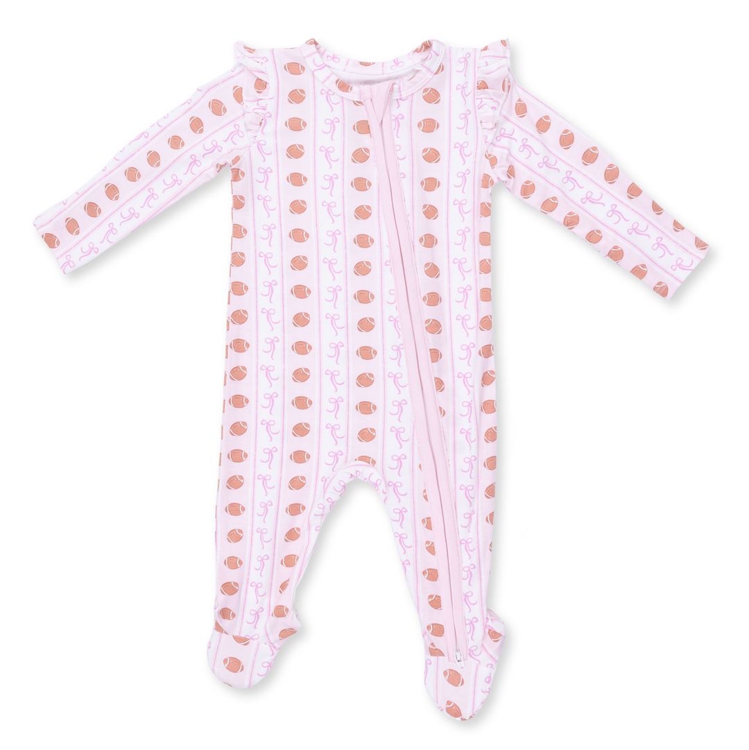 Two Way Zipper Ruffle Sleeve Footie | Football Bow Stripe