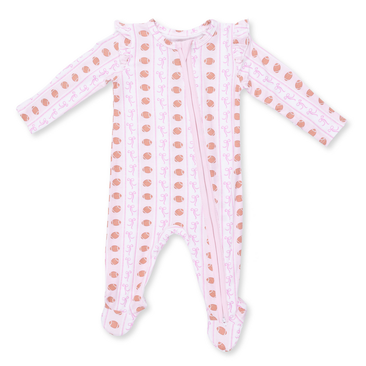 Two Way Zipper Ruffle Sleeve Footie | Football Bow Stripe