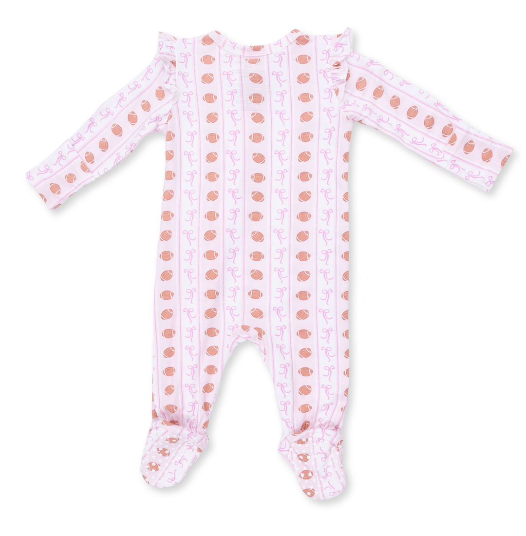 Two Way Zipper Ruffle Sleeve Footie | Football Bow Stripe