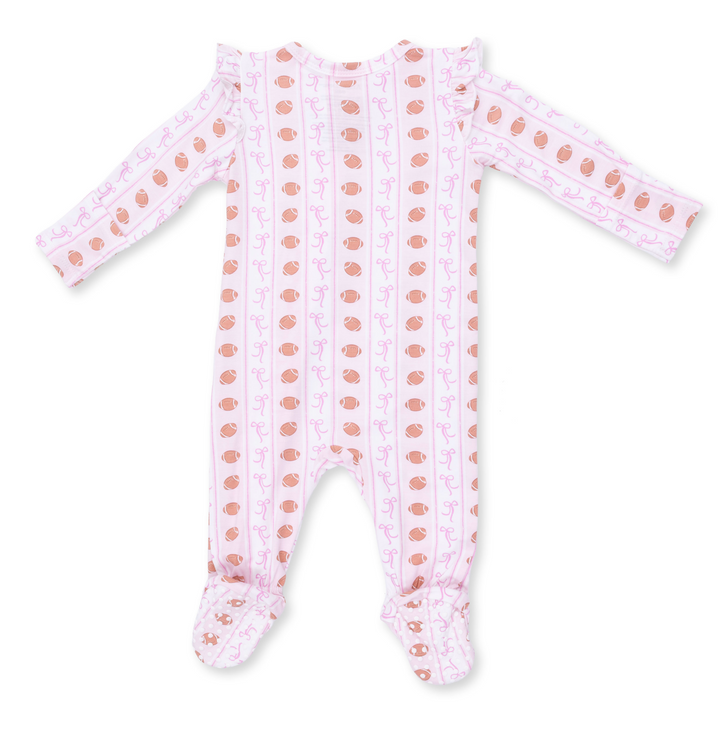 Two Way Zipper Ruffle Sleeve Footie | Football Bow Stripe
