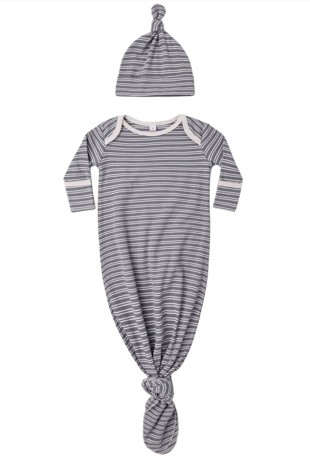 Knotted Baby Gown & Hat Set | Slate Microstripe