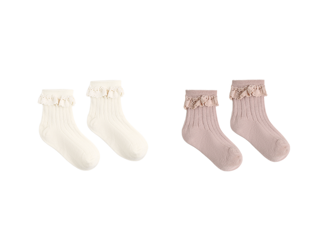 Lace Trim Socks 2 Pk | Natural/Rosewood