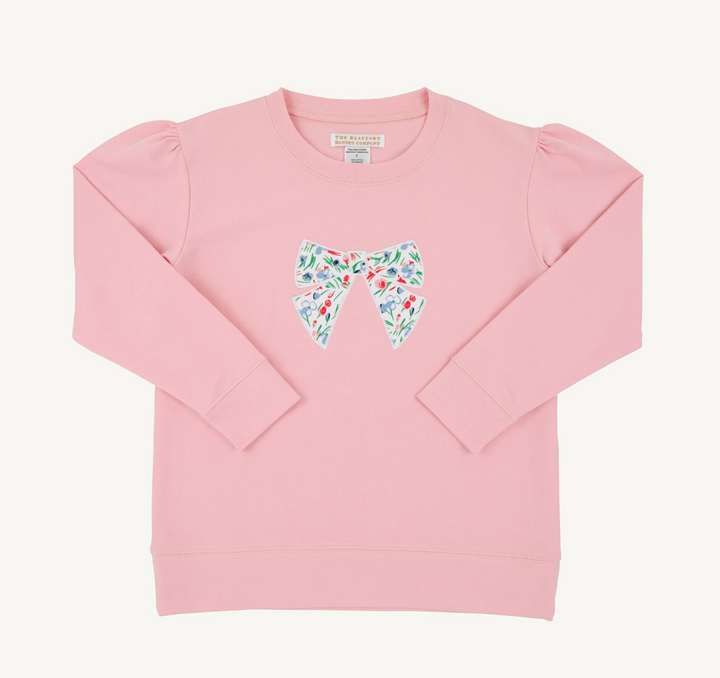Cassidy Comfy Crewneck Short Puff Sleeve | Sandperal Pink w/Fair Street Floral Bow
