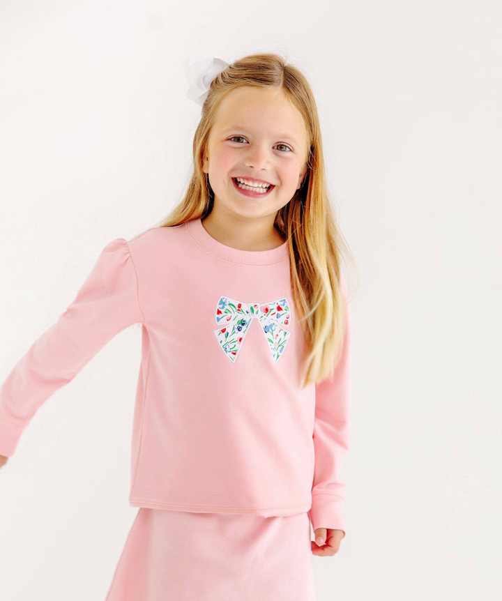 Cassidy Comfy Crewneck Short Puff Sleeve | Sandperal Pink w/Fair Street Floral Bow