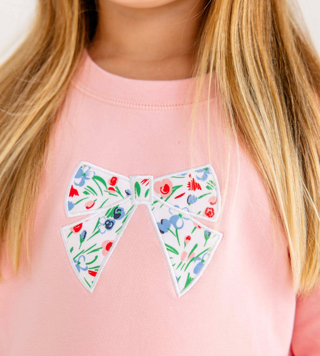 Cassidy Comfy Crewneck Short Puff Sleeve | Sandperal Pink w/Fair Street Floral Bow
