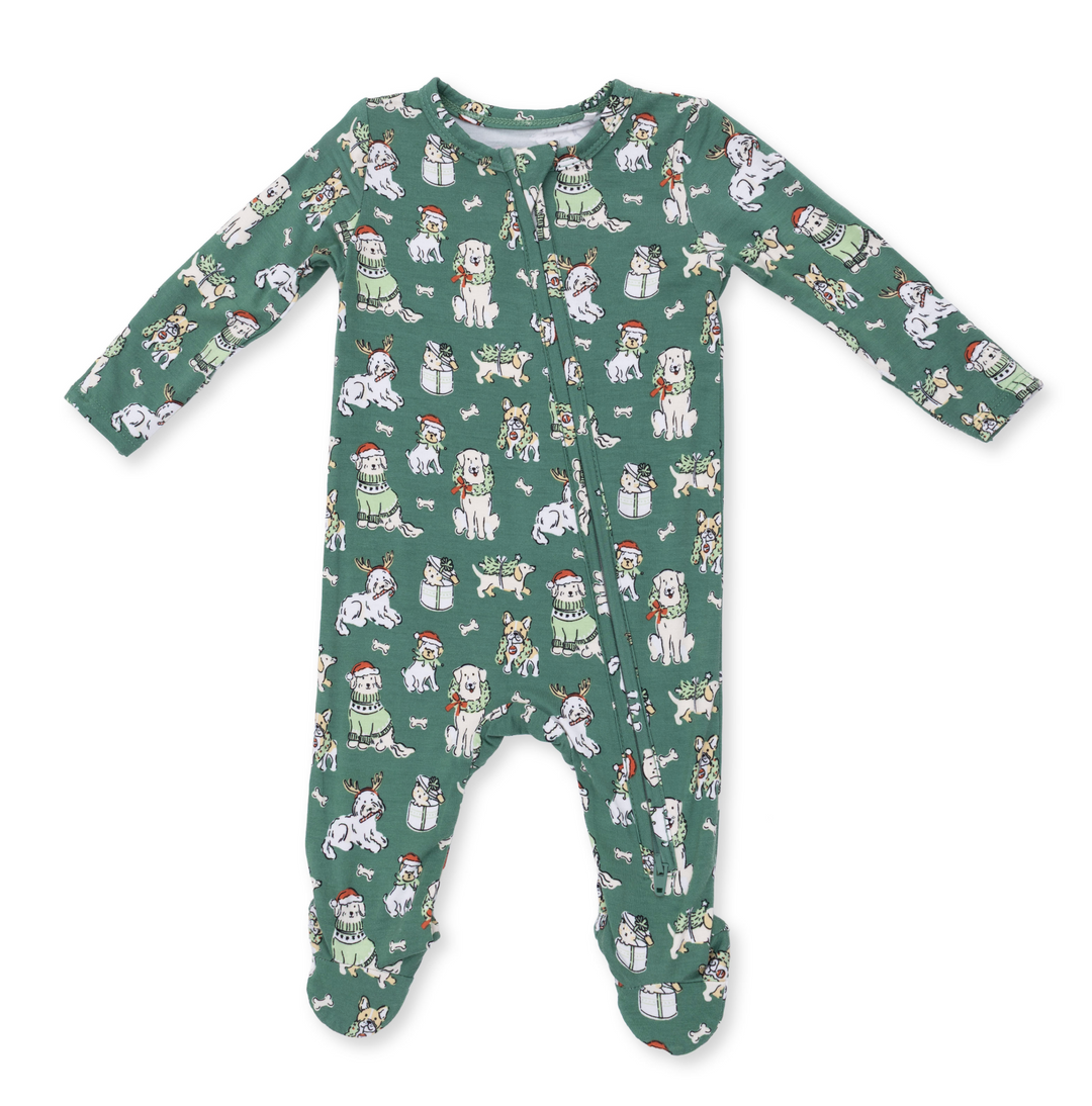 Two Way Zipper Footie | Christmas Dogs Green