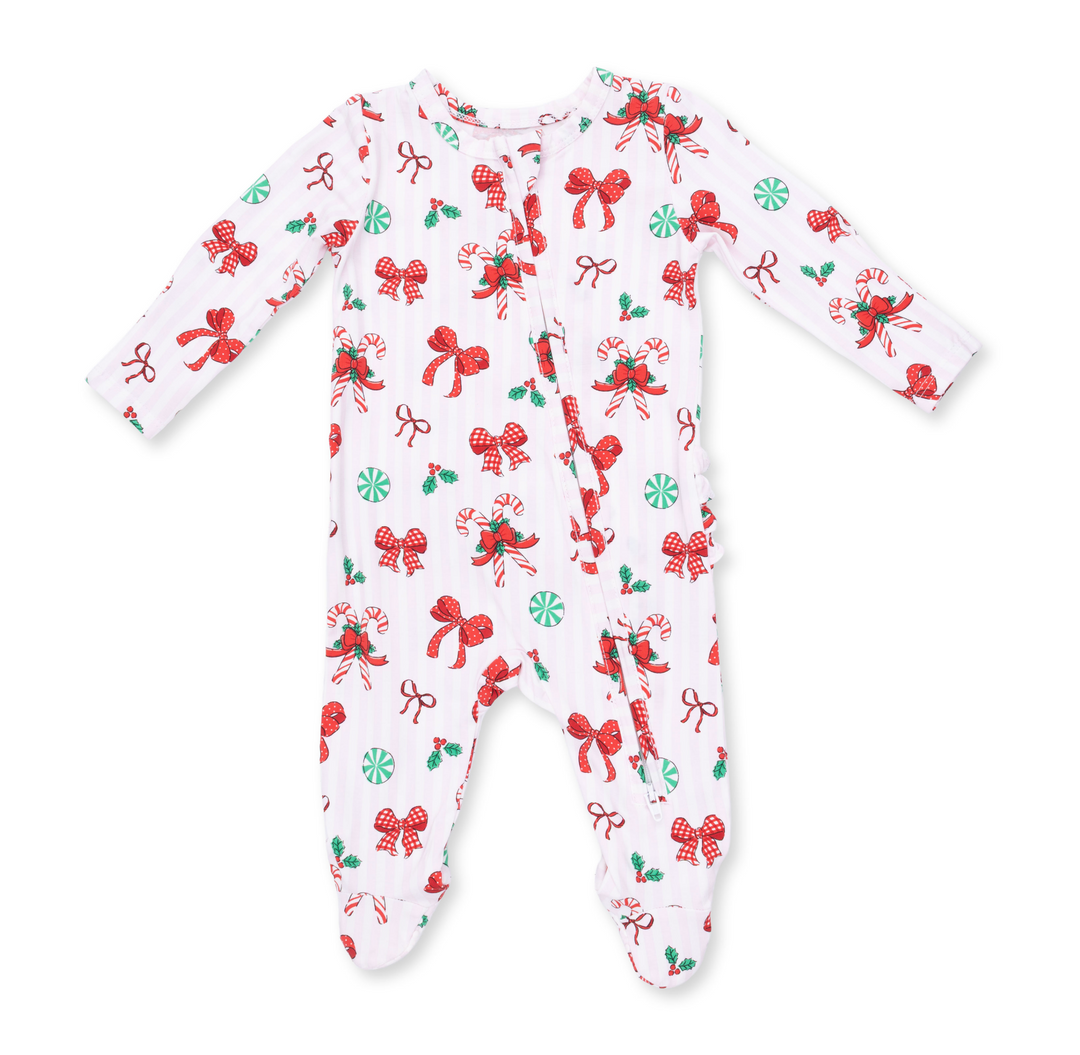 Two Way Zipper Ruffle Footie | Bows &amp; Candy Canes