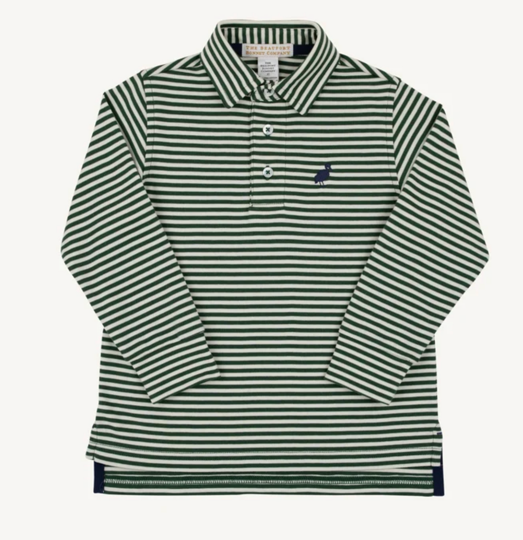 Prim and Proper Long Sleeve Polo | Grier Green Stripe